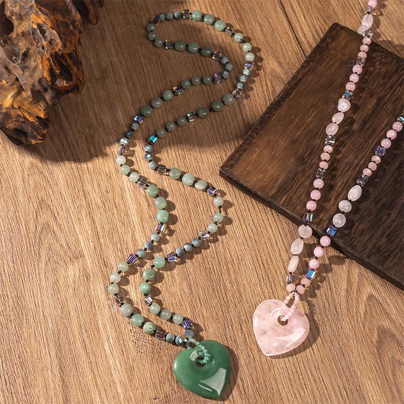 Wear FengShui Rose Quartz Green Aventurine Love Heart Beads Luck Necklace Pendant