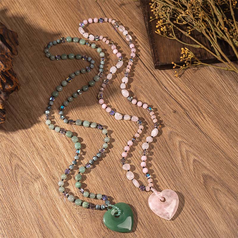 Wear FengShui Rose Quartz Green Aventurine Love Heart Beads Luck Necklace Pendant