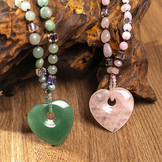Wear FengShui Rose Quartz Green Aventurine Love Heart Beads Luck Necklace Pendant