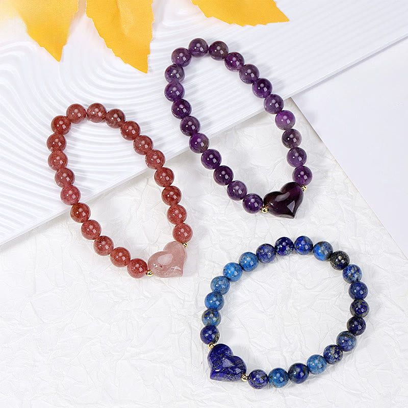 Wear FengShui Natural Amethyst Green Aventurine Tiger Eye Strawberry Quartz Love Heart Spiritual Bracelet