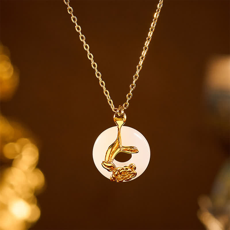 Wear FengShui 925 Sterling Silver Peony Peace Buckle Hetian White Jade Blessing Necklace Pendant