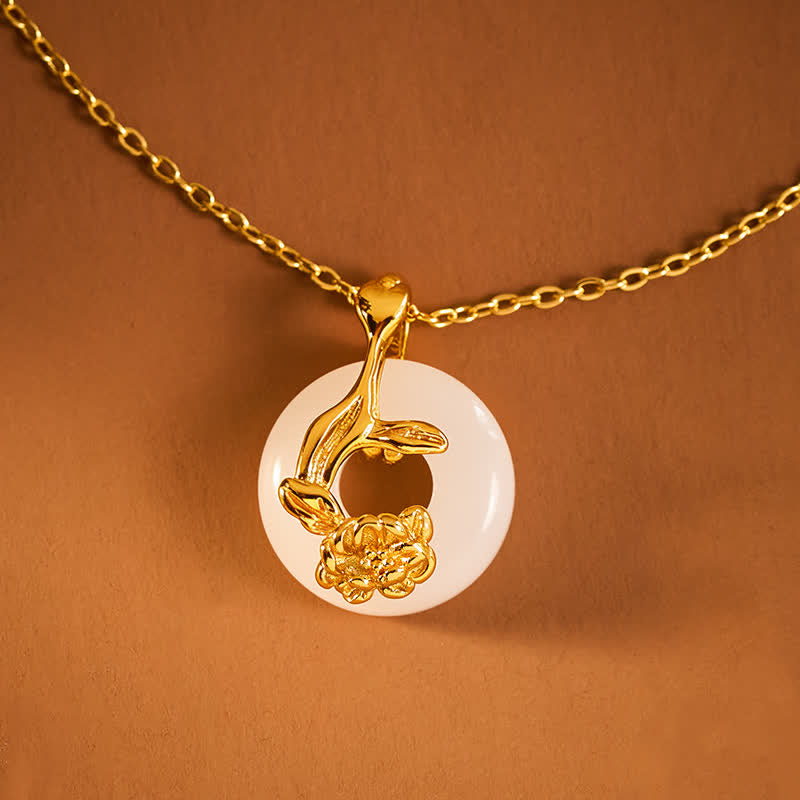 Wear FengShui 925 Sterling Silver Peony Peace Buckle Hetian White Jade Blessing Necklace Pendant