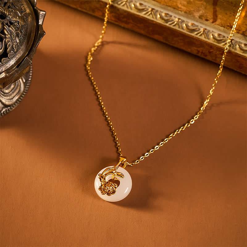 Wear FengShui 925 Sterling Silver Peony Peace Buckle Hetian White Jade Blessing Necklace Pendant