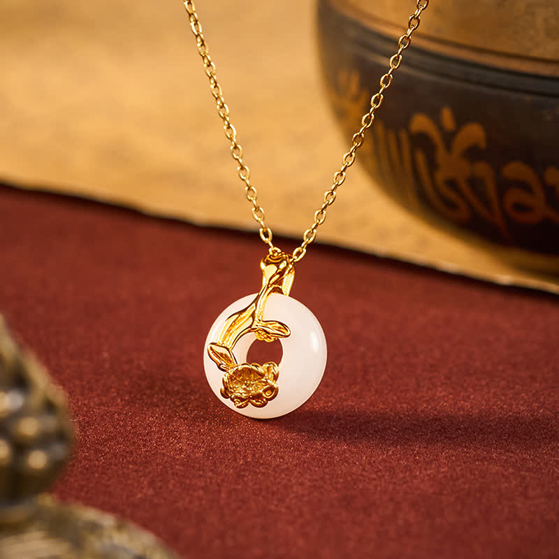 Wear FengShui 925 Sterling Silver Peony Peace Buckle Hetian White Jade Blessing Necklace Pendant