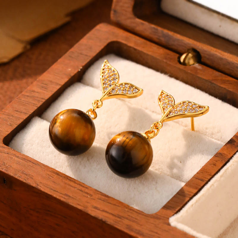 Wear FengShui Tiger Eye Round Bead Fish Tail Irregular Design Protection Earrings
