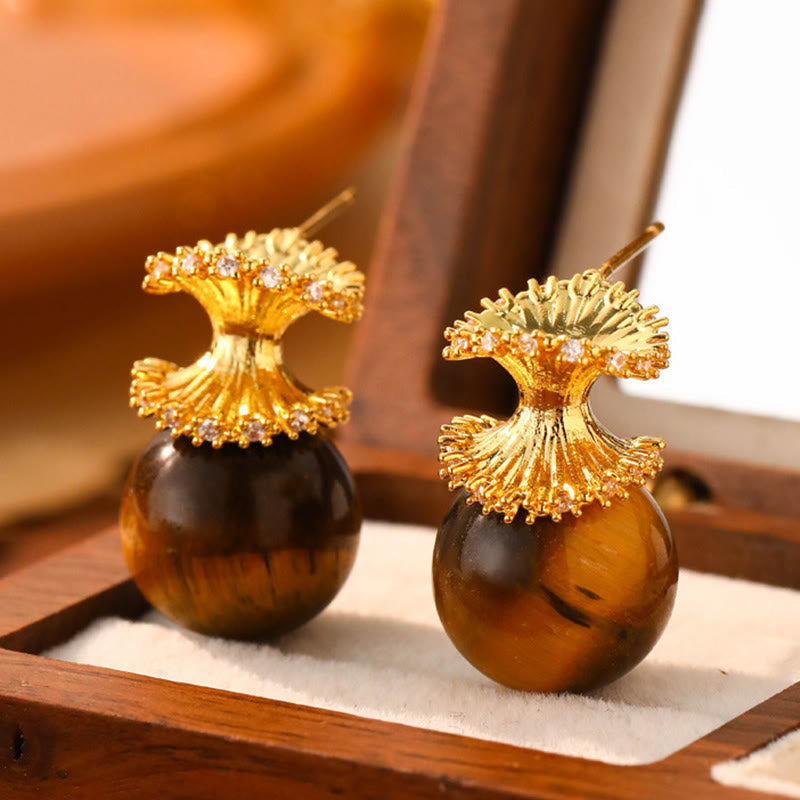 Wear FengShui Tiger Eye Round Bead Fish Tail Irregular Design Protection Earrings