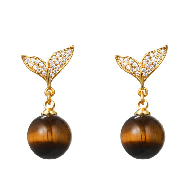 Wear FengShui Tiger Eye Round Bead Fish Tail Irregular Design Protection Earrings