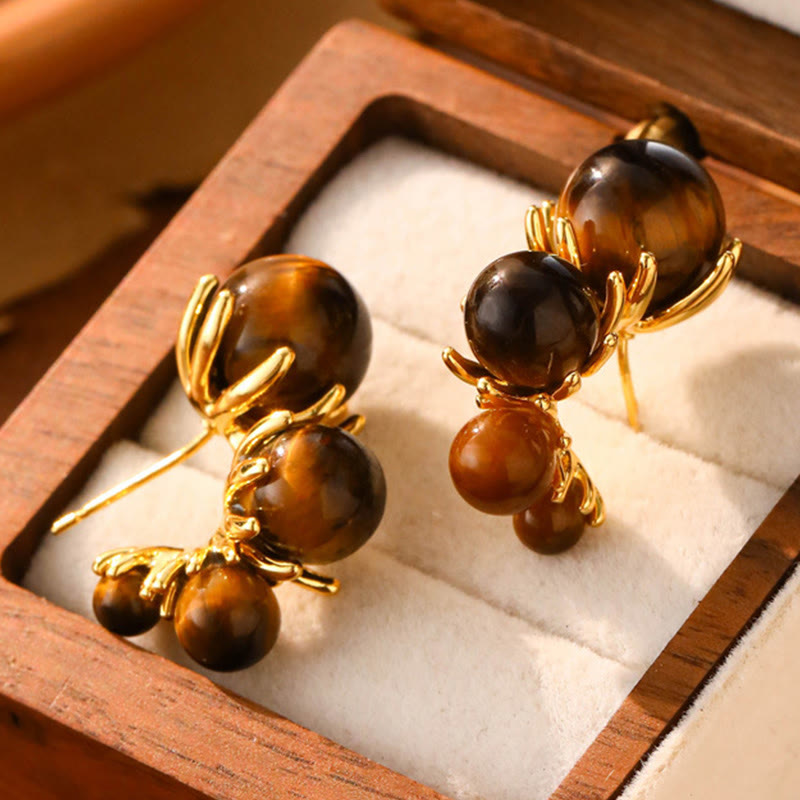 Wear FengShui Tiger Eye Round Bead Fish Tail Irregular Design Protection Earrings