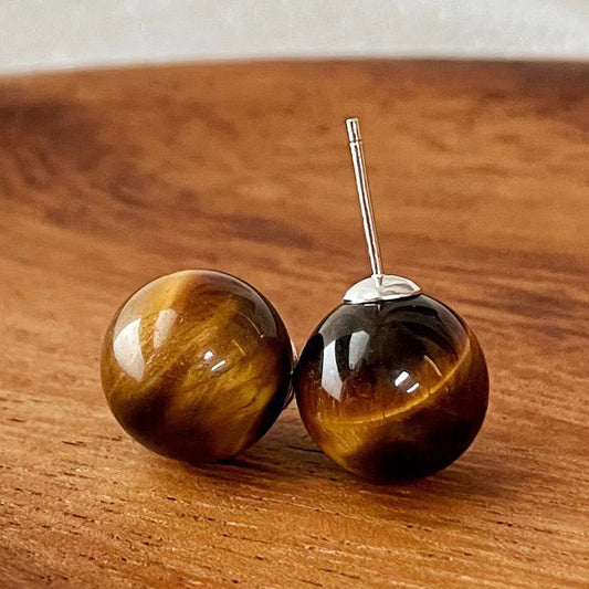 Wear FengShui Simple Tiger Eye Retro Round Protection Stud Earrings