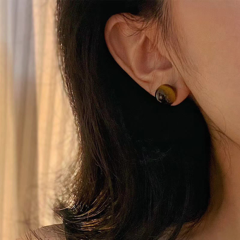 Wear FengShui Simple Tiger Eye Retro Round Protection Stud Earrings