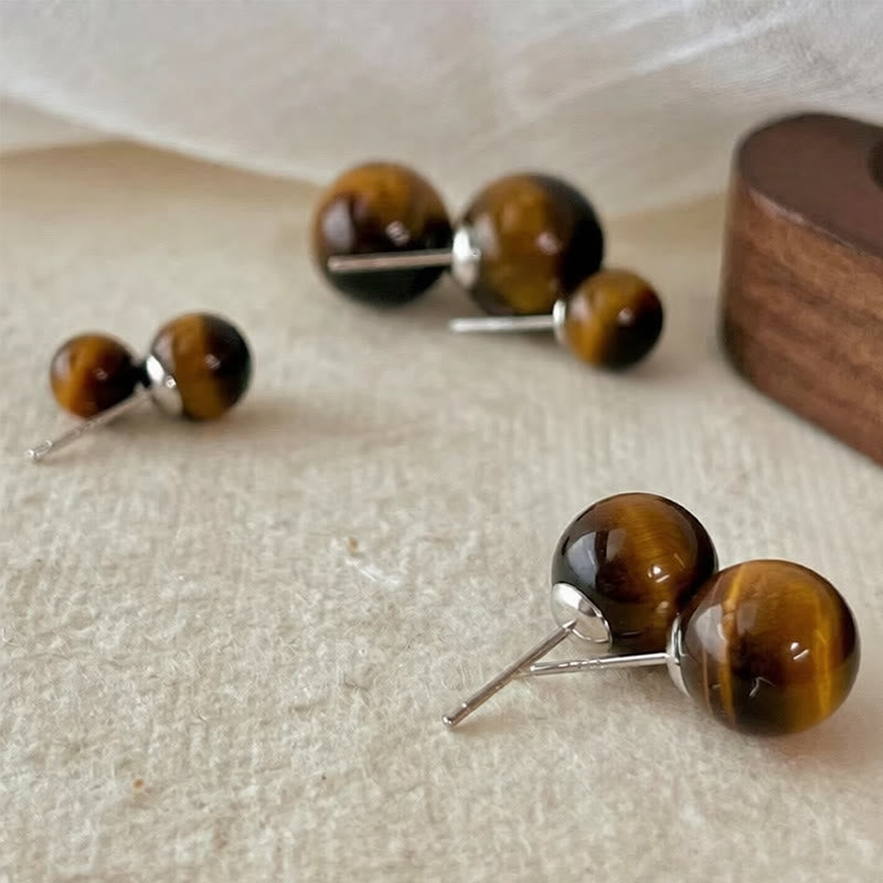 Wear FengShui Simple Tiger Eye Retro Round Protection Stud Earrings