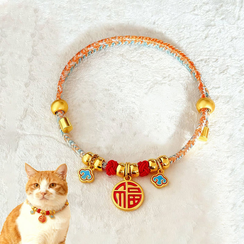 Wear FengShui Colorful String Bead Plaited Fu Character Protection Adjustable Cats Dogs Pet Collar