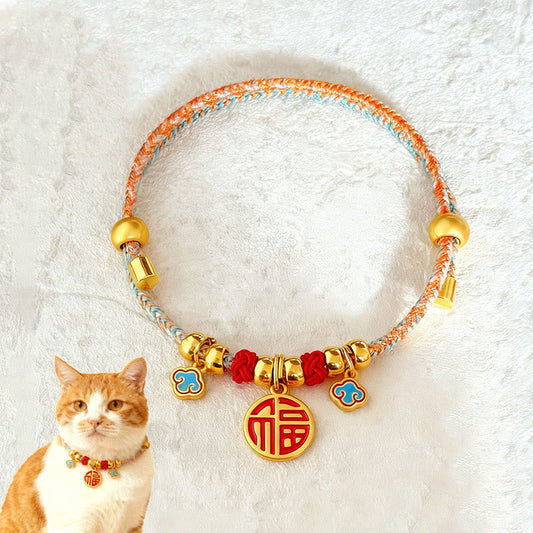 Wear FengShui Colorful String Bead Plaited Fu Character Protection Adjustable Cats Dogs Pet Collar