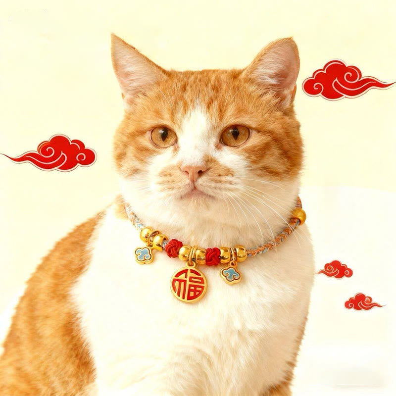Wear FengShui Colorful String Bead Plaited Fu Character Protection Adjustable Cats Dogs Pet Collar