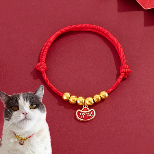 Wear FengShui Red String Bead Yuanbao Fu Character Protection Adjustable Cats Dogs Pet Collar