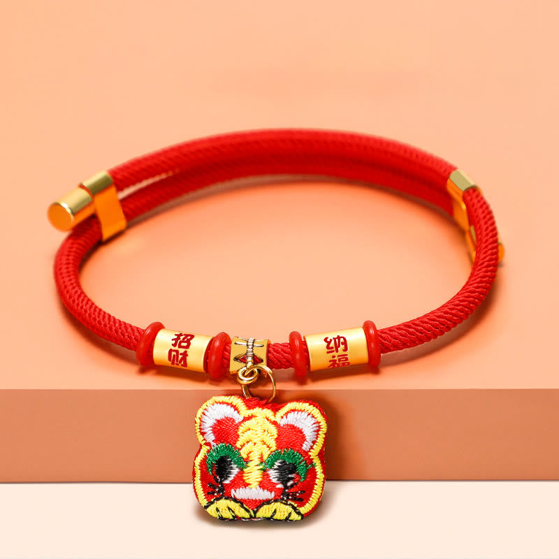Wear FengShui Red String Plaited Embroidery Tiger Fu Character Protection Adjustable Cats Dogs Pet Collar