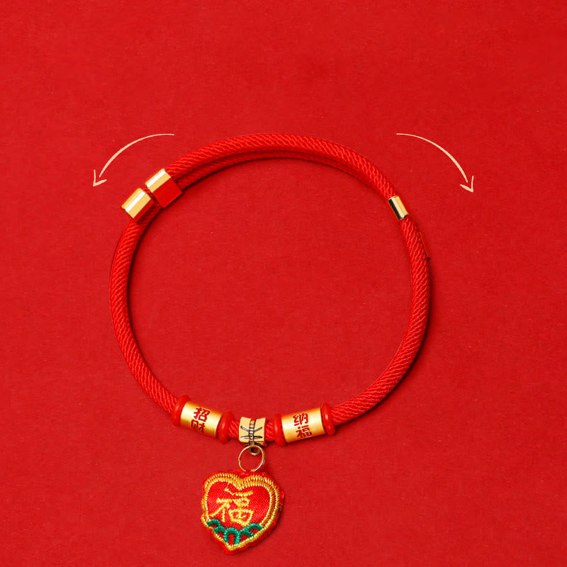 Wear FengShui Red String Plaited Embroidery Tiger Fu Character Protection Adjustable Cats Dogs Pet Collar
