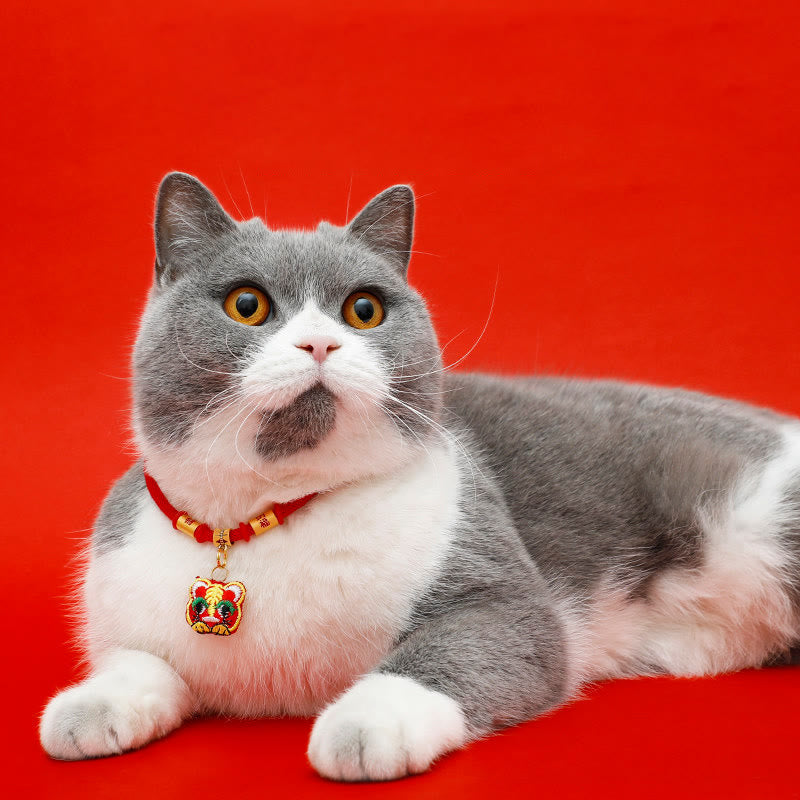Wear FengShui Red String Plaited Embroidery Tiger Fu Character Protection Adjustable Cats Dogs Pet Collar