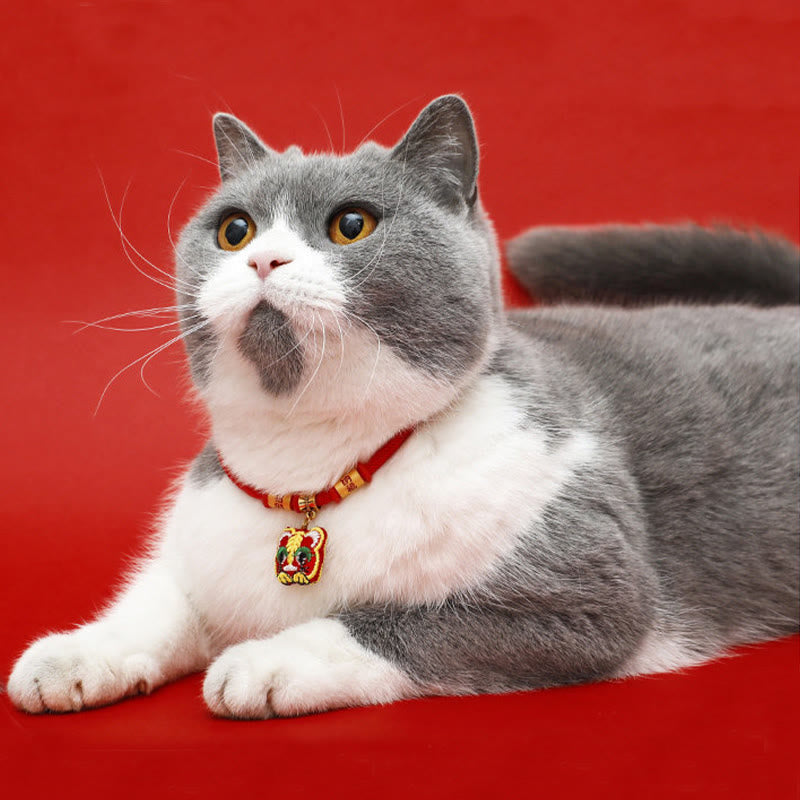 Wear FengShui Red String Plaited Embroidery Tiger Fu Character Protection Adjustable Cats Dogs Pet Collar