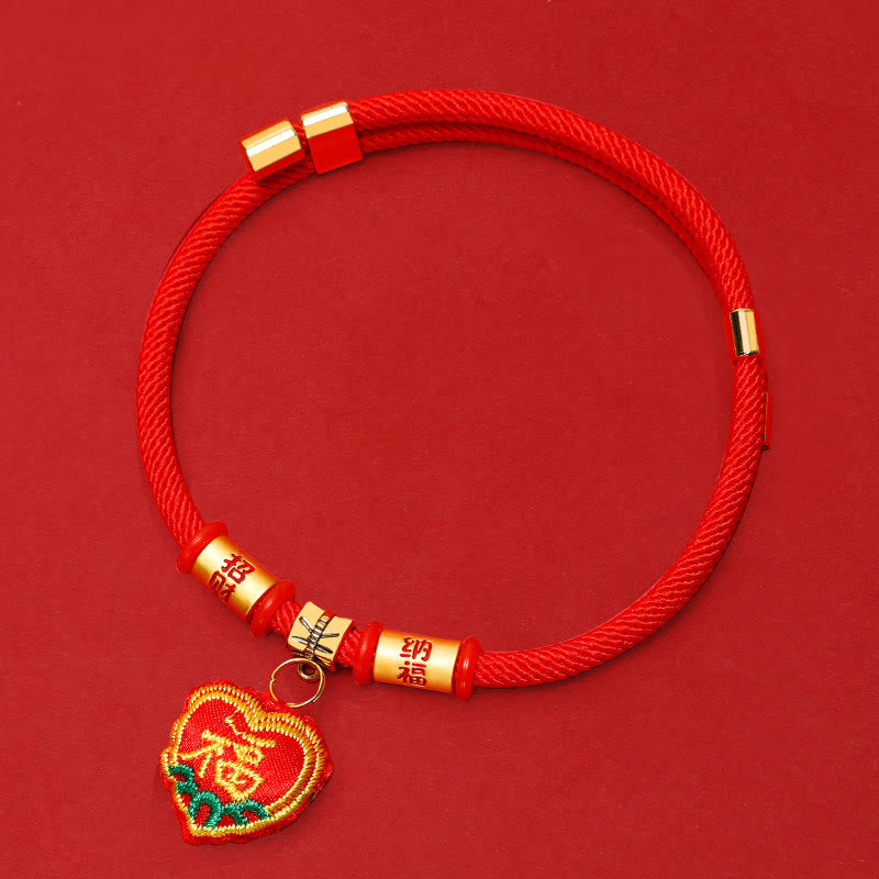 Wear FengShui Red String Plaited Embroidery Tiger Fu Character Protection Adjustable Cats Dogs Pet Collar