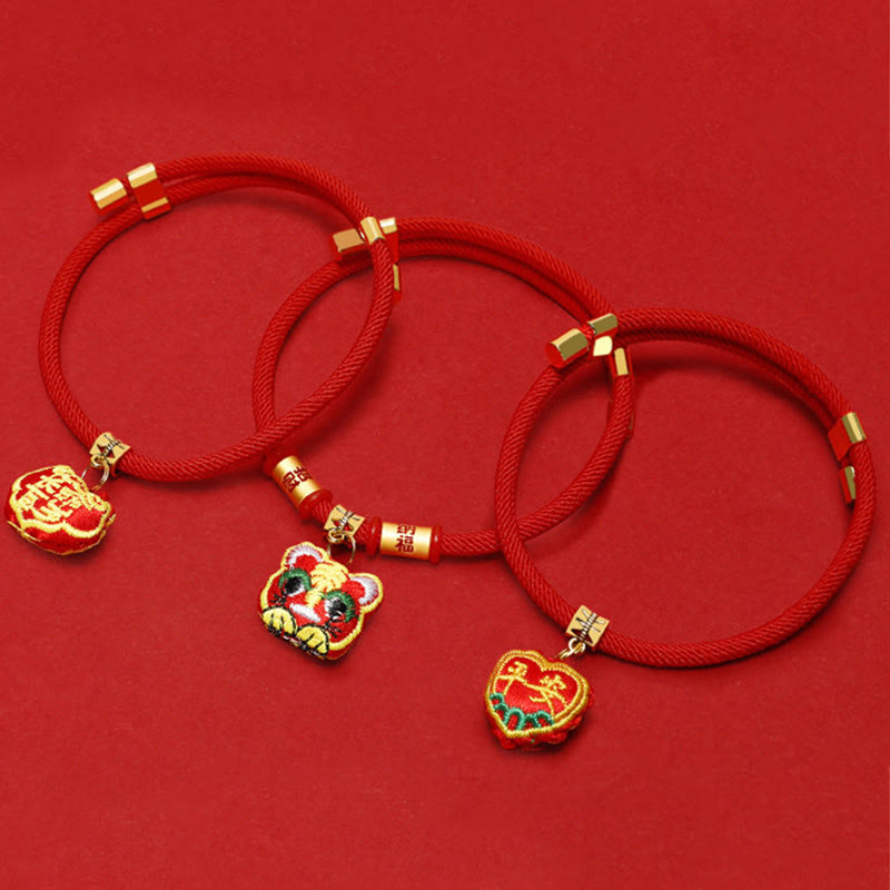 Wear FengShui Red String Plaited Embroidery Tiger Fu Character Protection Adjustable Cats Dogs Pet Collar
