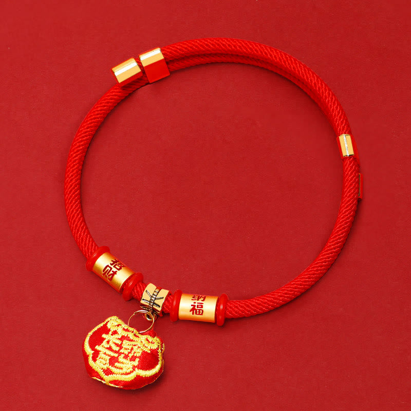 Wear FengShui Red String Plaited Embroidery Tiger Fu Character Protection Adjustable Cats Dogs Pet Collar