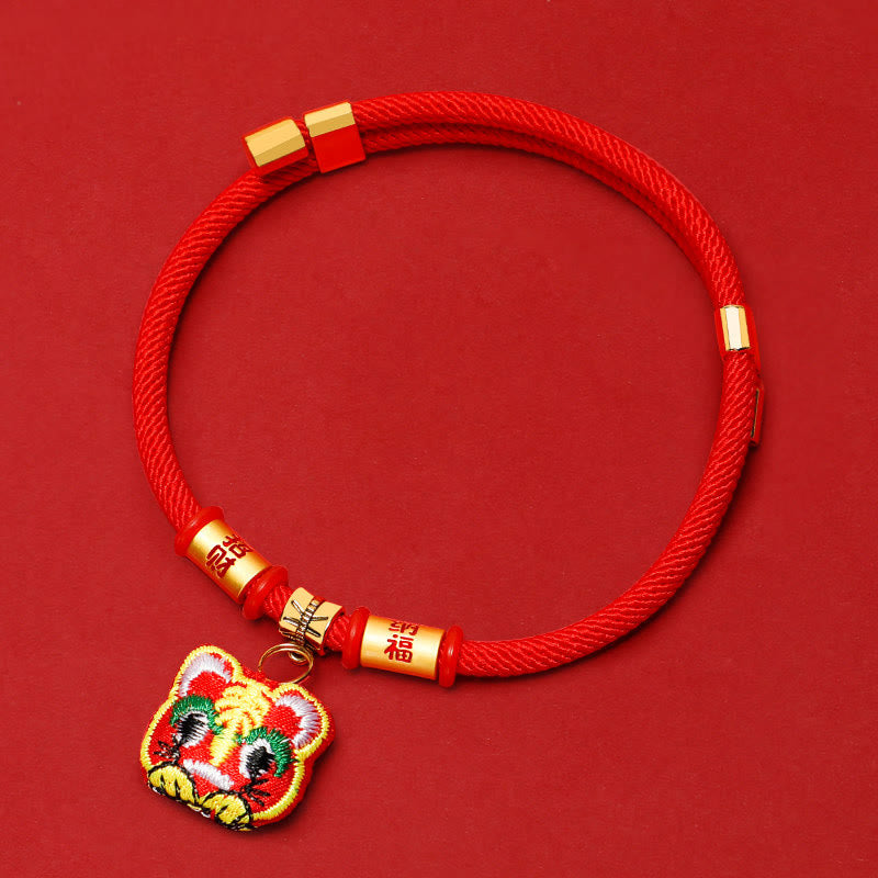 Wear FengShui Red String Plaited Embroidery Tiger Fu Character Protection Adjustable Cats Dogs Pet Collar