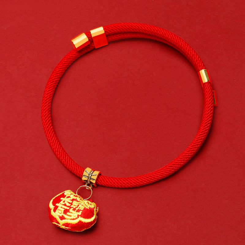 Wear FengShui Red String Plaited Embroidery Tiger Fu Character Protection Adjustable Cats Dogs Pet Collar