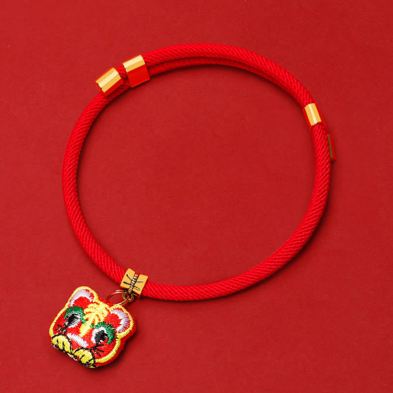 Wear FengShui Red String Plaited Embroidery Tiger Fu Character Protection Adjustable Cats Dogs Pet Collar
