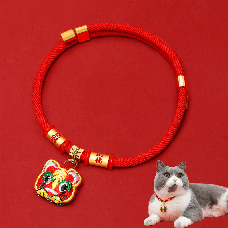 Wear FengShui Red String Plaited Embroidery Tiger Fu Character Protection Adjustable Cats Dogs Pet Collar