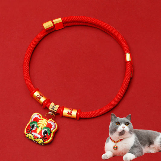 Wear FengShui Red String Plaited Embroidery Tiger Fu Character Protection Adjustable Cats Dogs Pet Collar