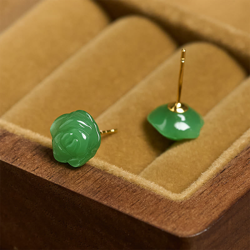 Wear FengShui 925 Sterling Silver Green Chalcedony Rose Strength Courage Earrings