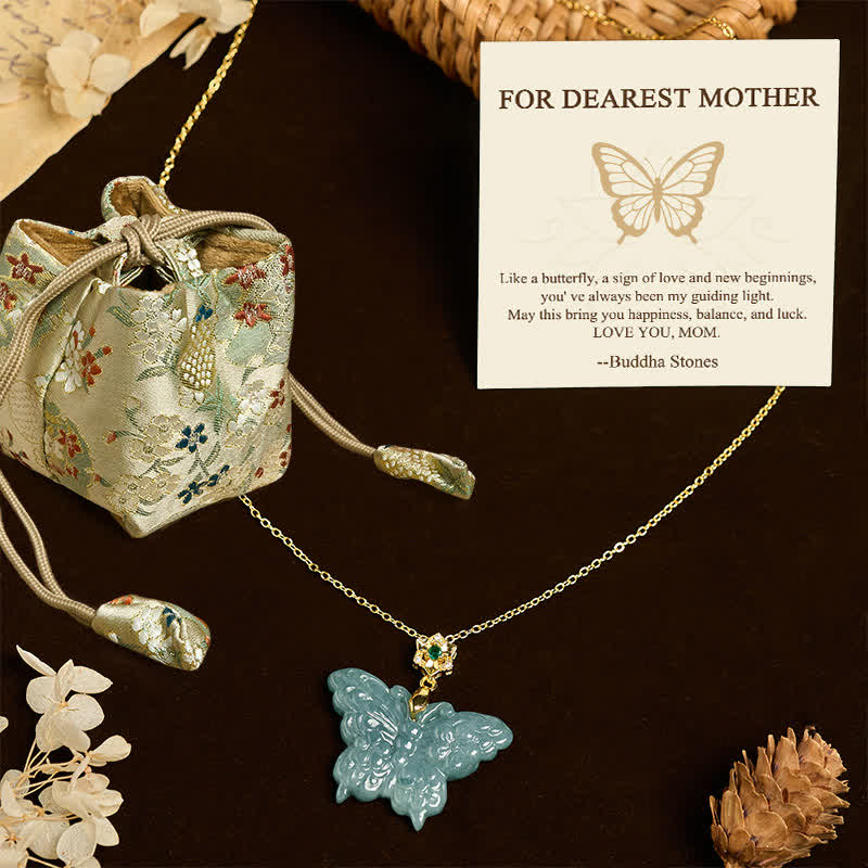 Wear FengShui "FOR DEAREST MOTHER" Jade Butterfly Abundance Necklace Pendants Includes Gift Message Card