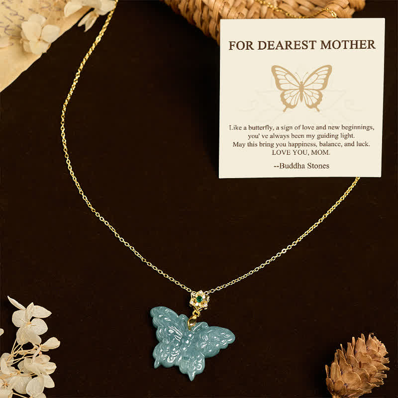 Wear FengShui "FOR DEAREST MOTHER" Jade Butterfly Abundance Necklace Pendants Includes Gift Message Card
