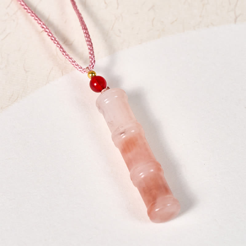 Wear FengShui Craved Bamboo Natural Pink Quartzite Jade Protection Necklace Pendant
