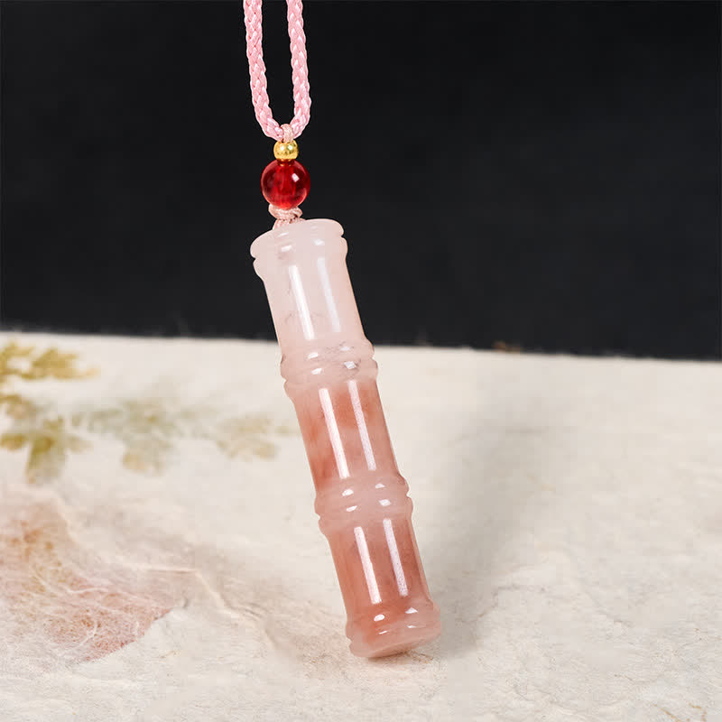 Wear FengShui Craved Bamboo Natural Pink Quartzite Jade Protection Necklace Pendant