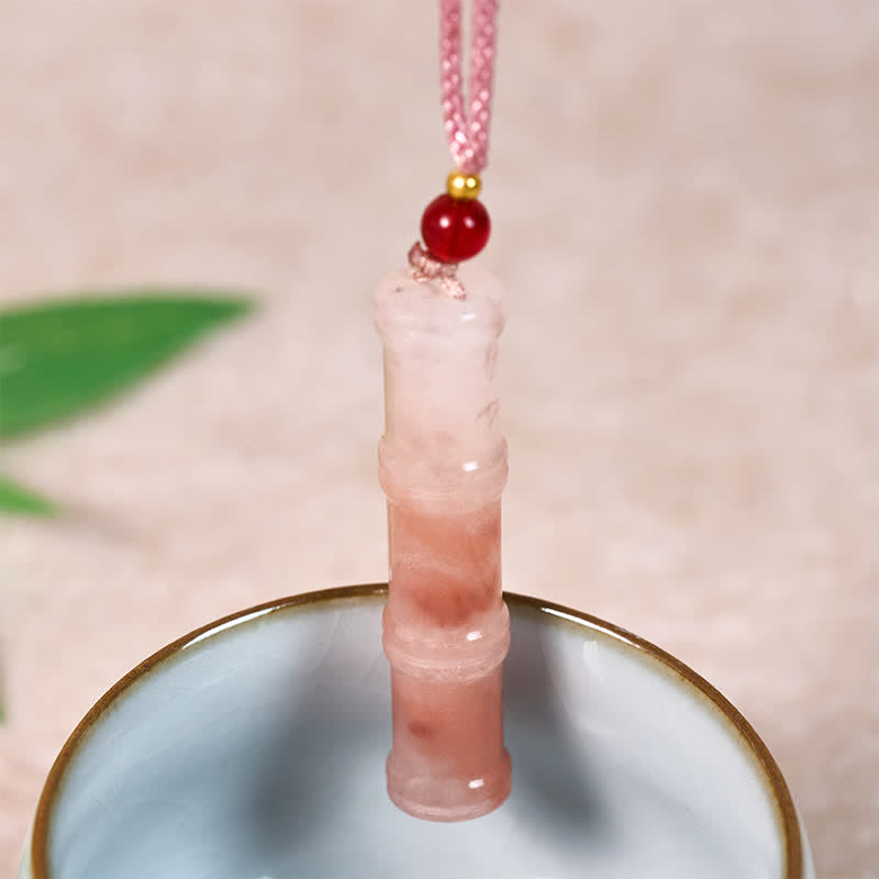 Wear FengShui Craved Bamboo Natural Pink Quartzite Jade Protection Necklace Pendant