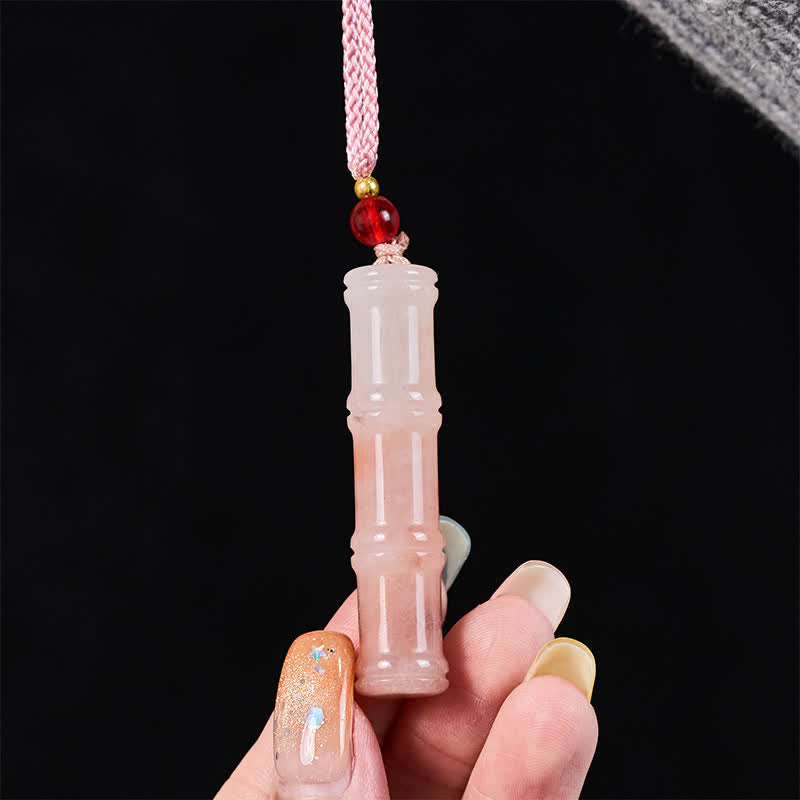 Wear FengShui Craved Bamboo Natural Pink Quartzite Jade Protection Necklace Pendant
