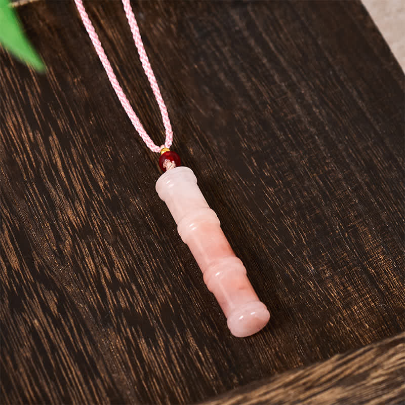 Wear FengShui Craved Bamboo Natural Pink Quartzite Jade Protection Necklace Pendant
