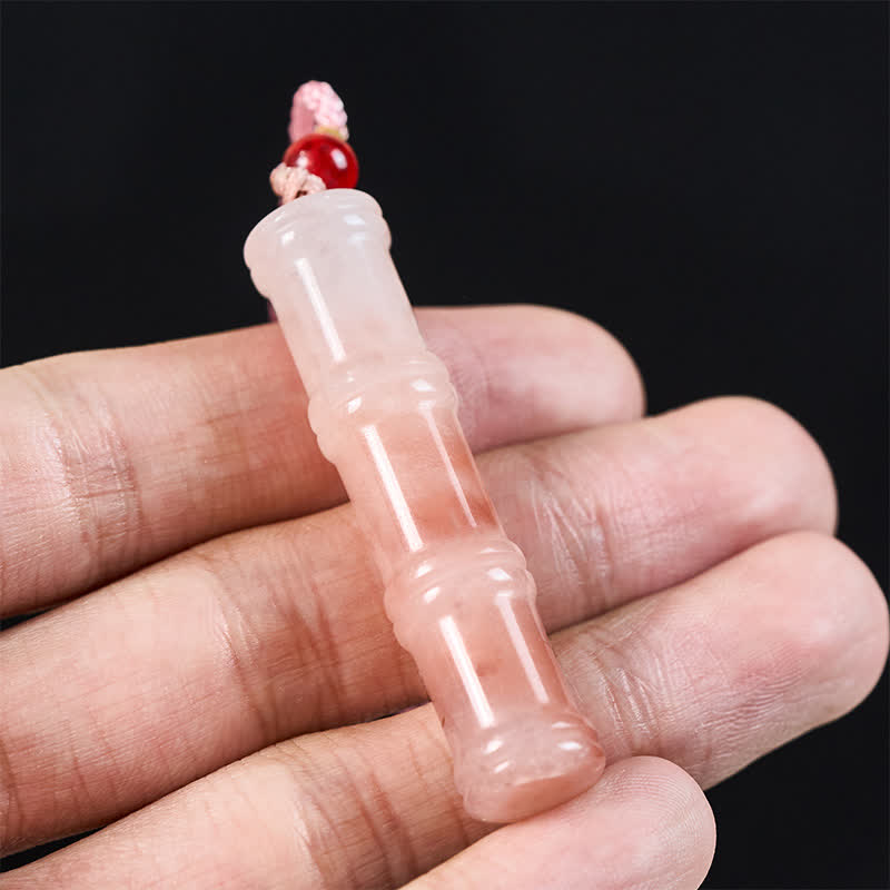 Wear FengShui Craved Bamboo Natural Pink Quartzite Jade Protection Necklace Pendant