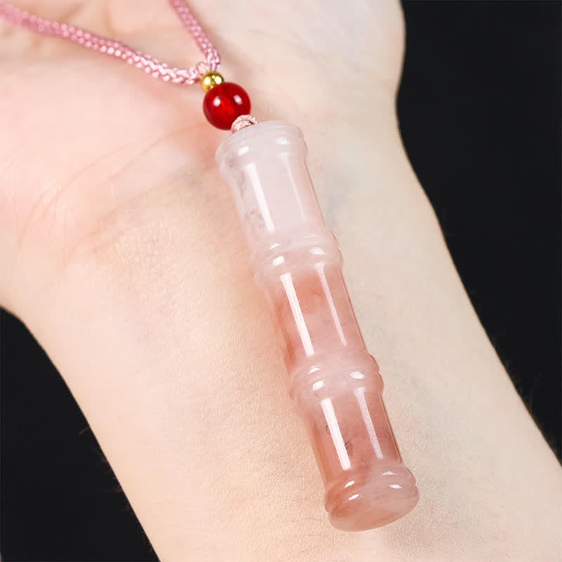 Wear FengShui Craved Bamboo Natural Pink Quartzite Jade Protection Necklace Pendant