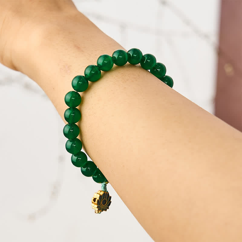 Wear FengShui Natural Green Agate Yellow Agate Lotus Charm Success Beaded Bracelet