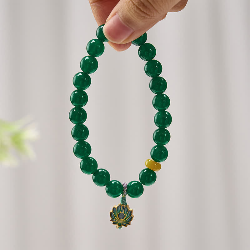 Wear FengShui Natural Green Agate Yellow Agate Lotus Charm Success Beaded Bracelet