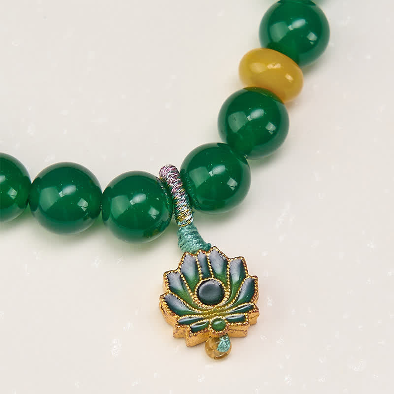 Wear FengShui Natural Green Agate Yellow Agate Lotus Charm Success Beaded Bracelet