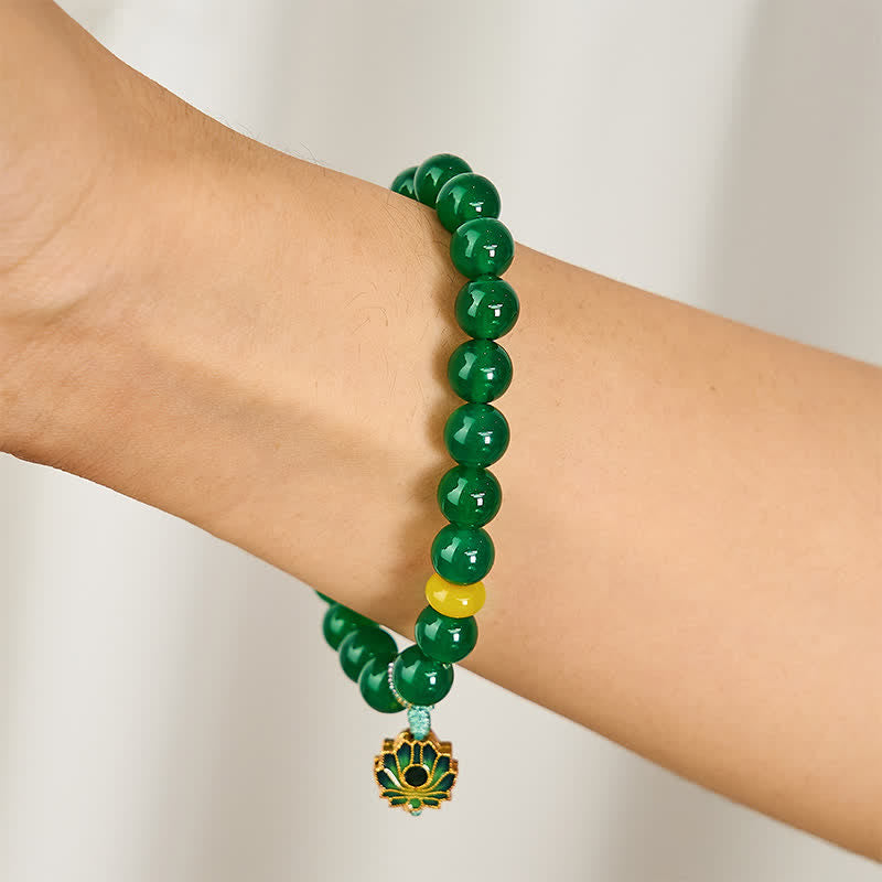 Wear FengShui Natural Green Agate Yellow Agate Lotus Charm Success Beaded Bracelet