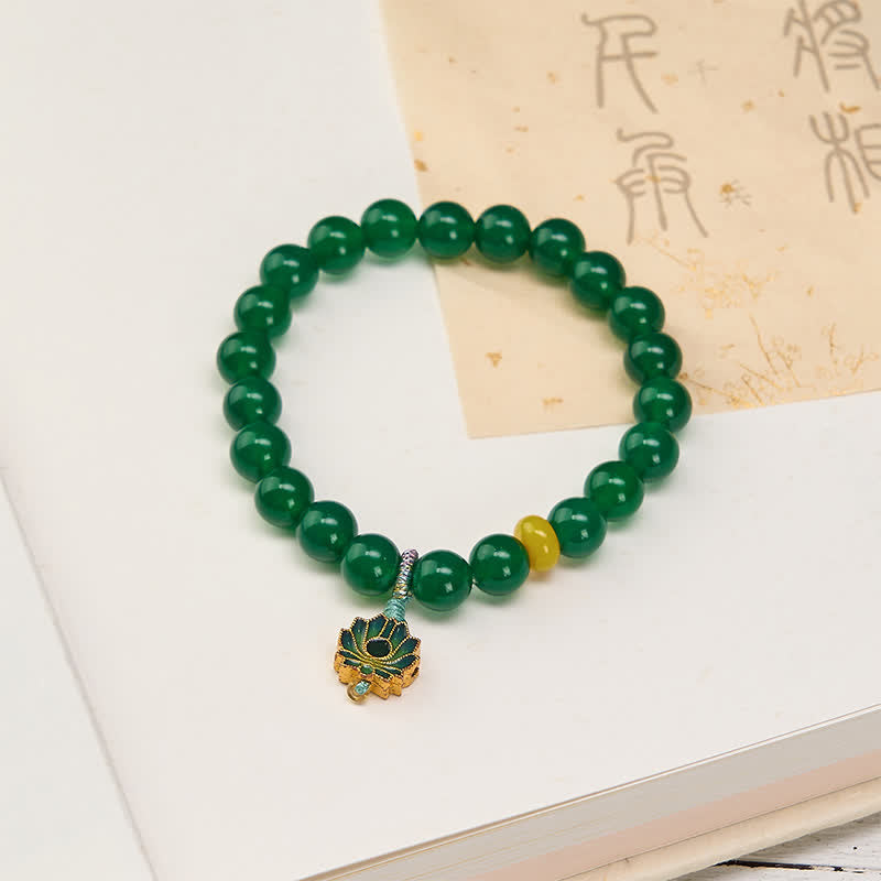 Wear FengShui Natural Green Agate Yellow Agate Lotus Charm Success Beaded Bracelet
