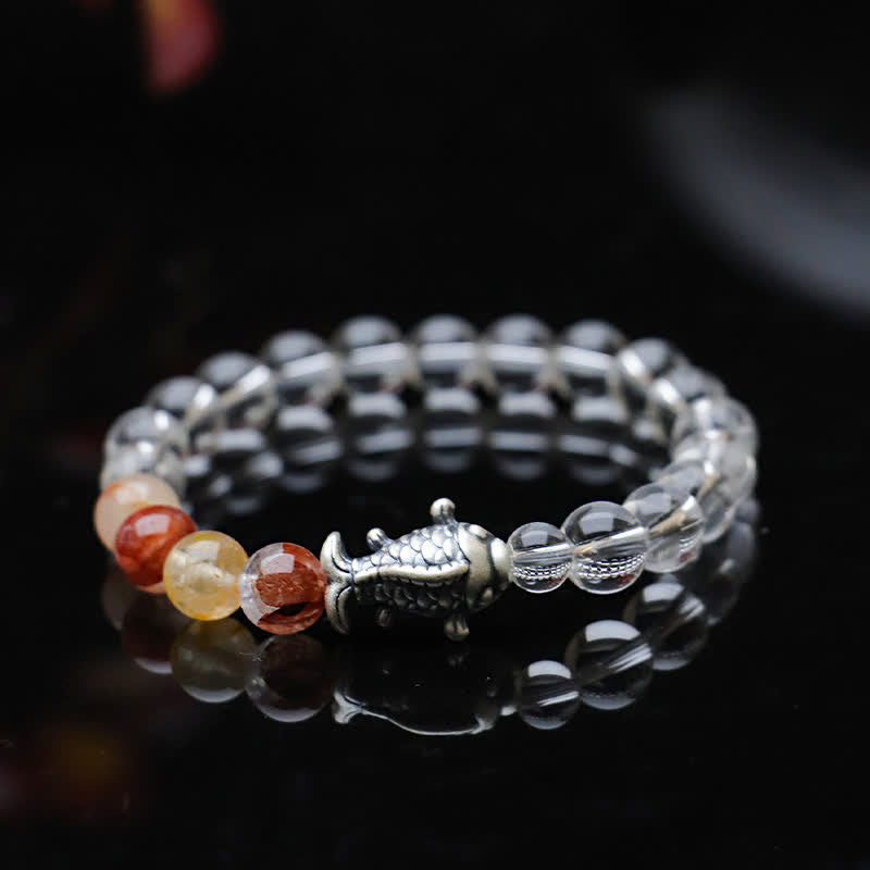 Wear FengShui Clear Quartz 999 Sterling Silver Koi Fish Protection Bracelet