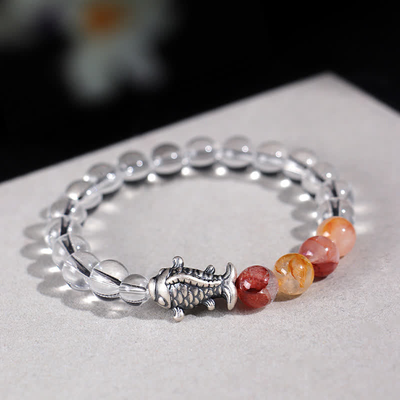 Wear FengShui Clear Quartz 999 Sterling Silver Koi Fish Protection Bracelet