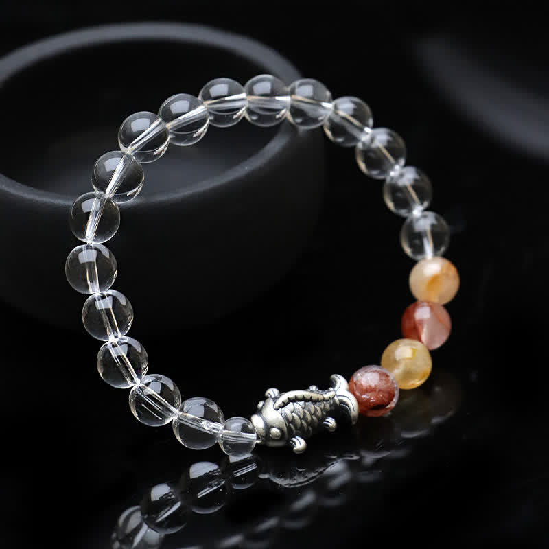 Wear FengShui Clear Quartz 999 Sterling Silver Koi Fish Protection Bracelet