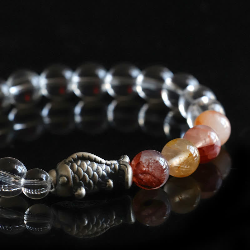 Wear FengShui Clear Quartz 999 Sterling Silver Koi Fish Protection Bracelet
